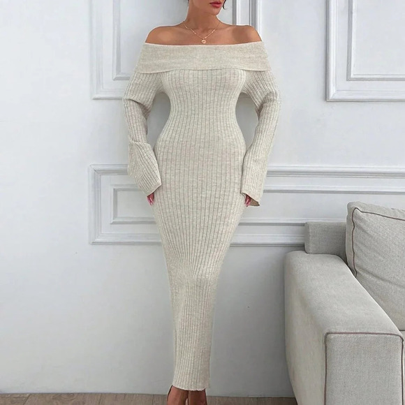 Apricot Elegant Women's Off Shoulder Sweater Maxi Dress - Picture 6 of 7